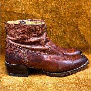 Frye Carmel Brown Inner Zip Heeled Ankle Boots